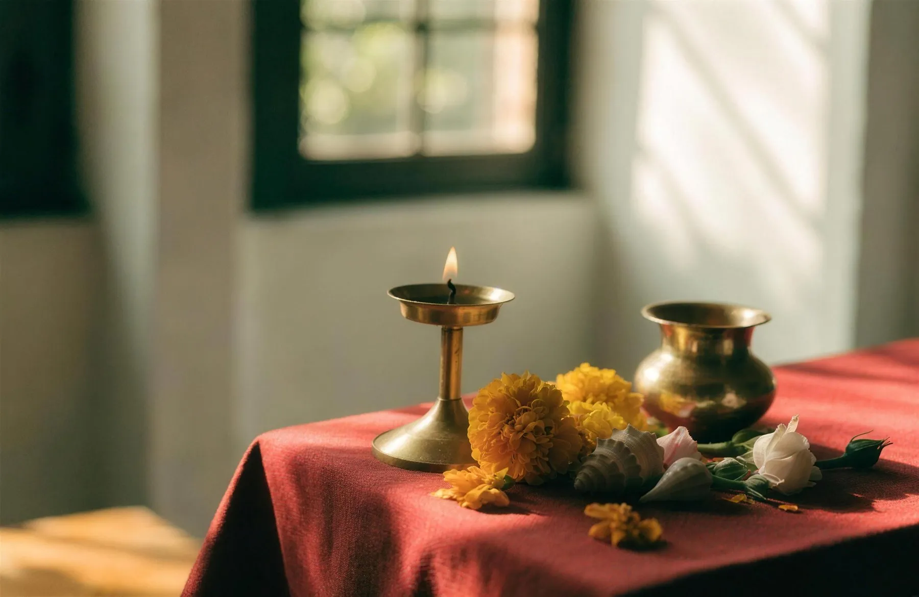 A brass oil lamp burning on a red cloth in the morning light, with fresh marigolds, a kalash and a conch shell beside it