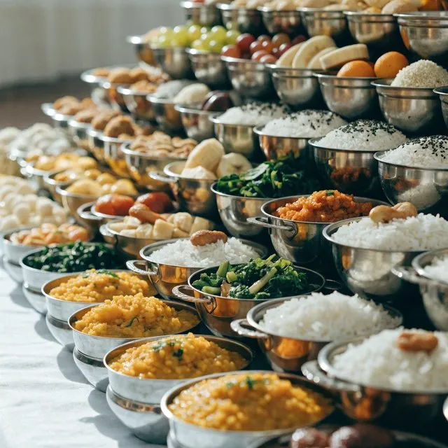 Many small bowls of vegetarian dishes arranged in tiers for annakut