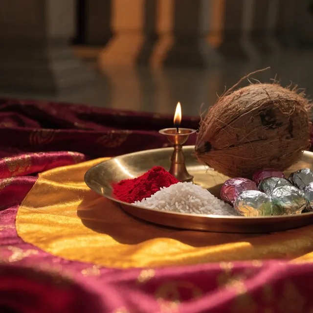 A brass tilak thali with roli, rice, a lit diya, a coconut and sweets