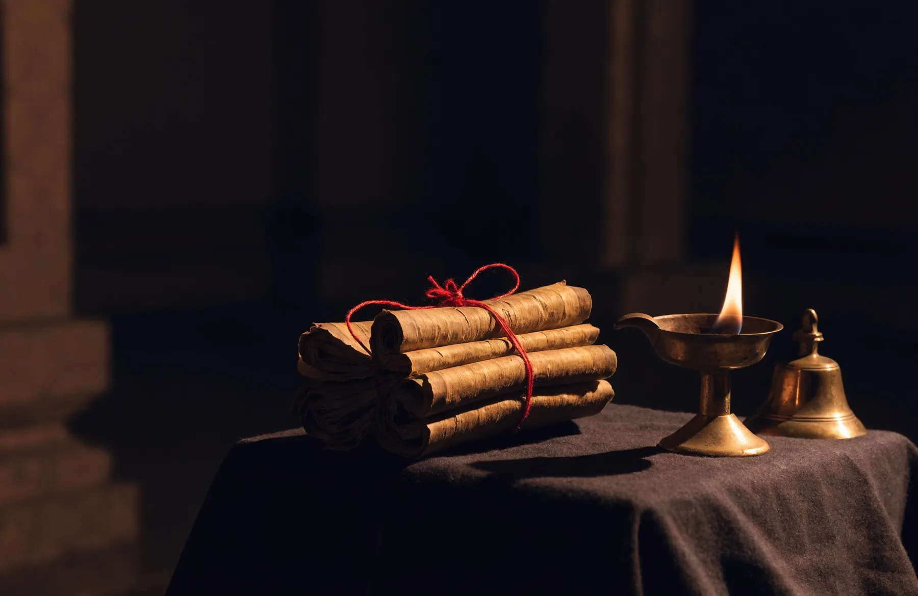 A bundle of aged palm-leaf manuscript pages tied with red thread, beside a brass lamp and bell