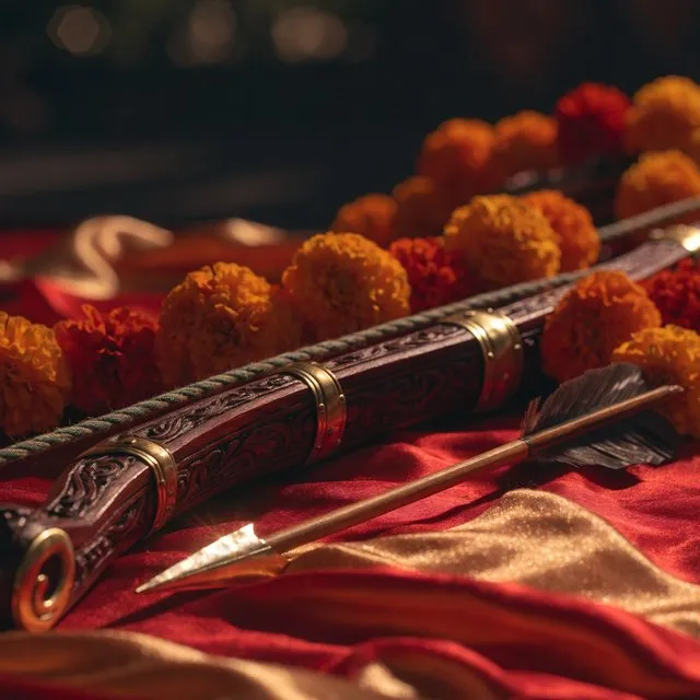 A ceremonial bow and arrow garlanded with marigolds on red silk