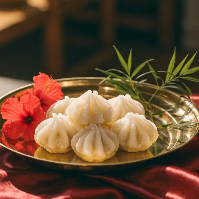 Modak sweets on a brass thali with red hibiscus and durva grass