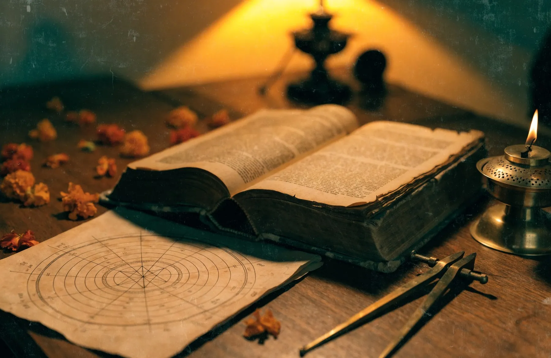 An open traditional almanac beside a hand-drawn chart on aged paper, brass dividers and a small oil lamp burning