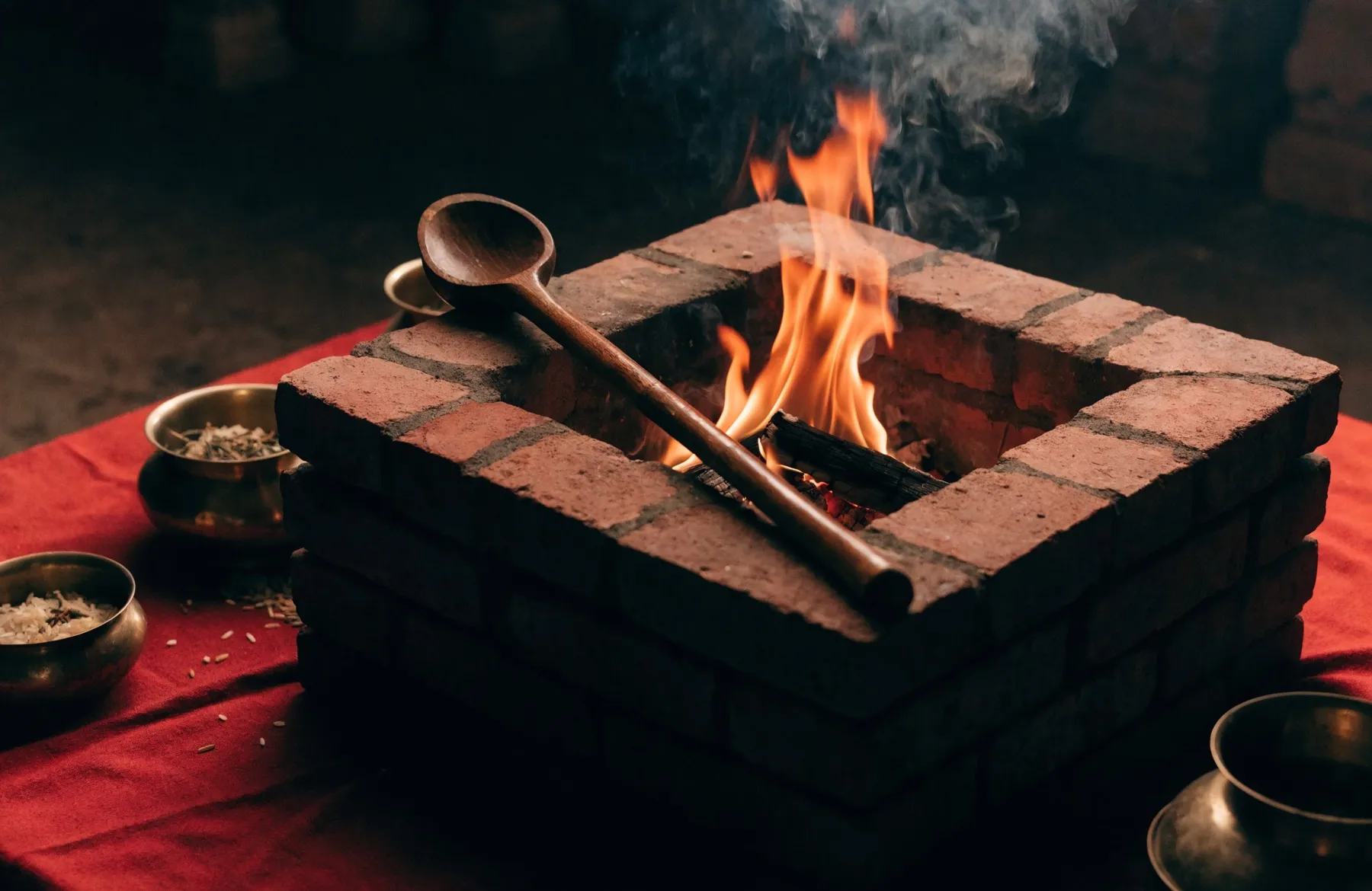 A havan fire burning in a brick kund, with a wooden offering ladle and brass bowls of samagri beside it