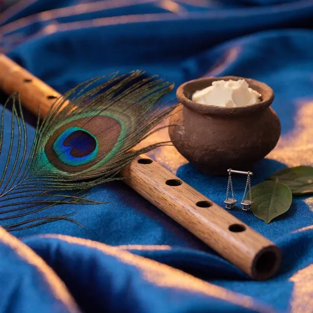 A bansuri flute, a peacock feather and a clay pot of butter on blue silk