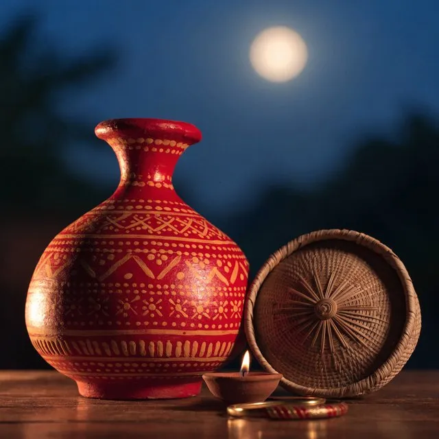 A decorated clay karva pot and a woven sieve beneath a full moon