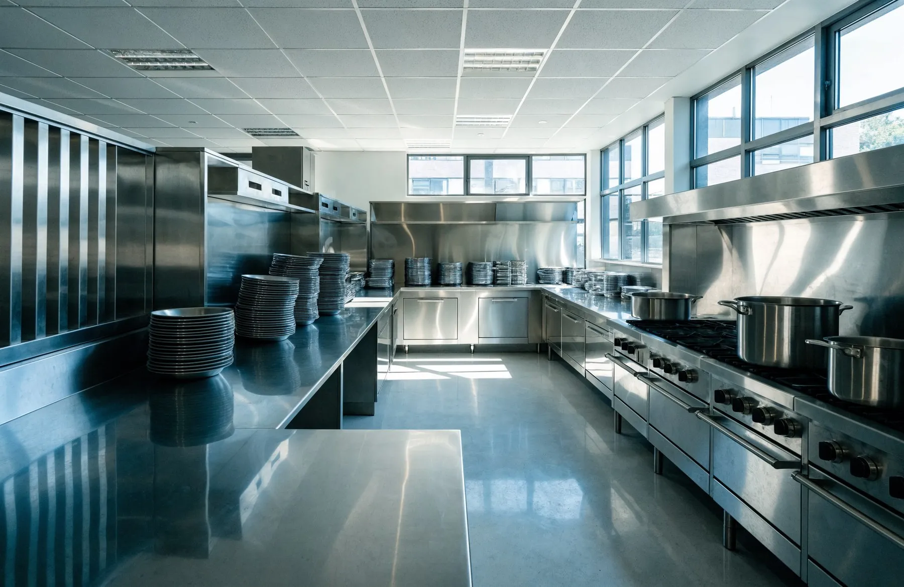 A community kitchen with large steel cooking pots steaming on the stove, long ladles and stacks of clean steel plates