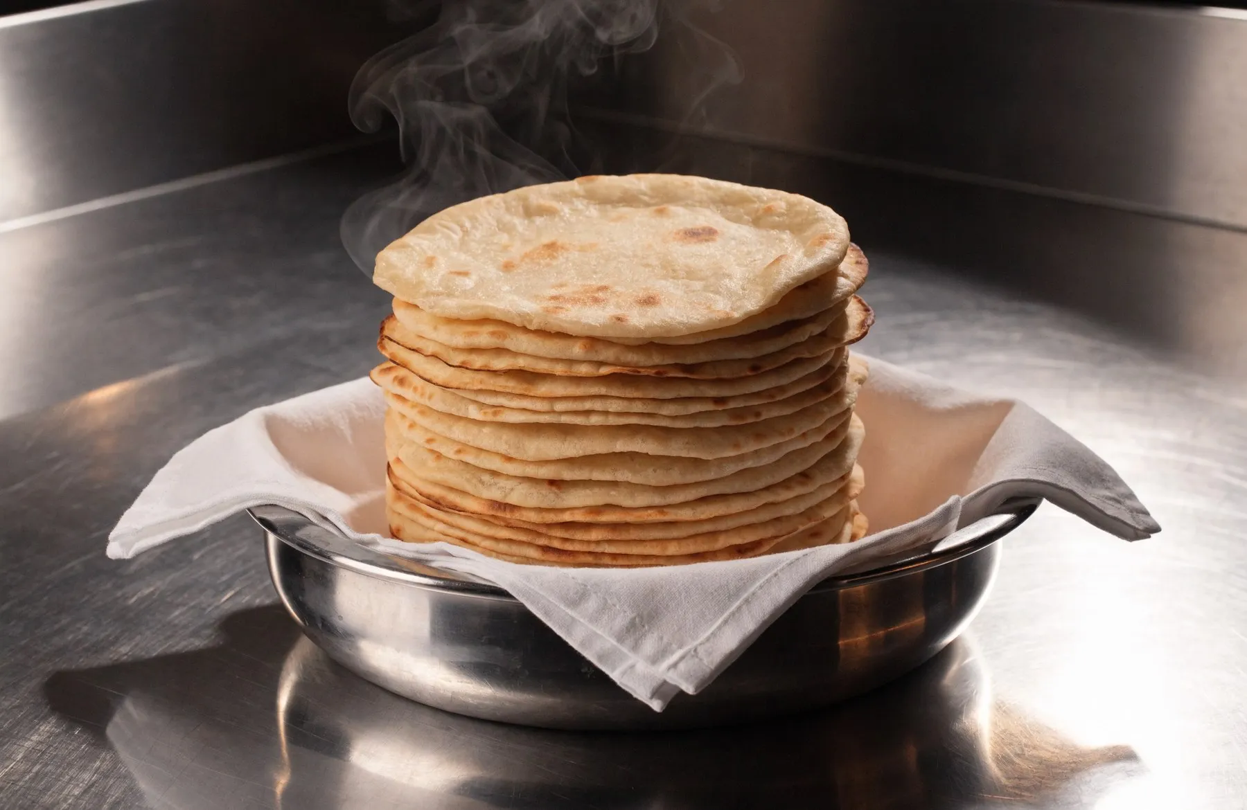 A tall stack of fresh warm rotis in a steel bowl, with a tawa griddle behind