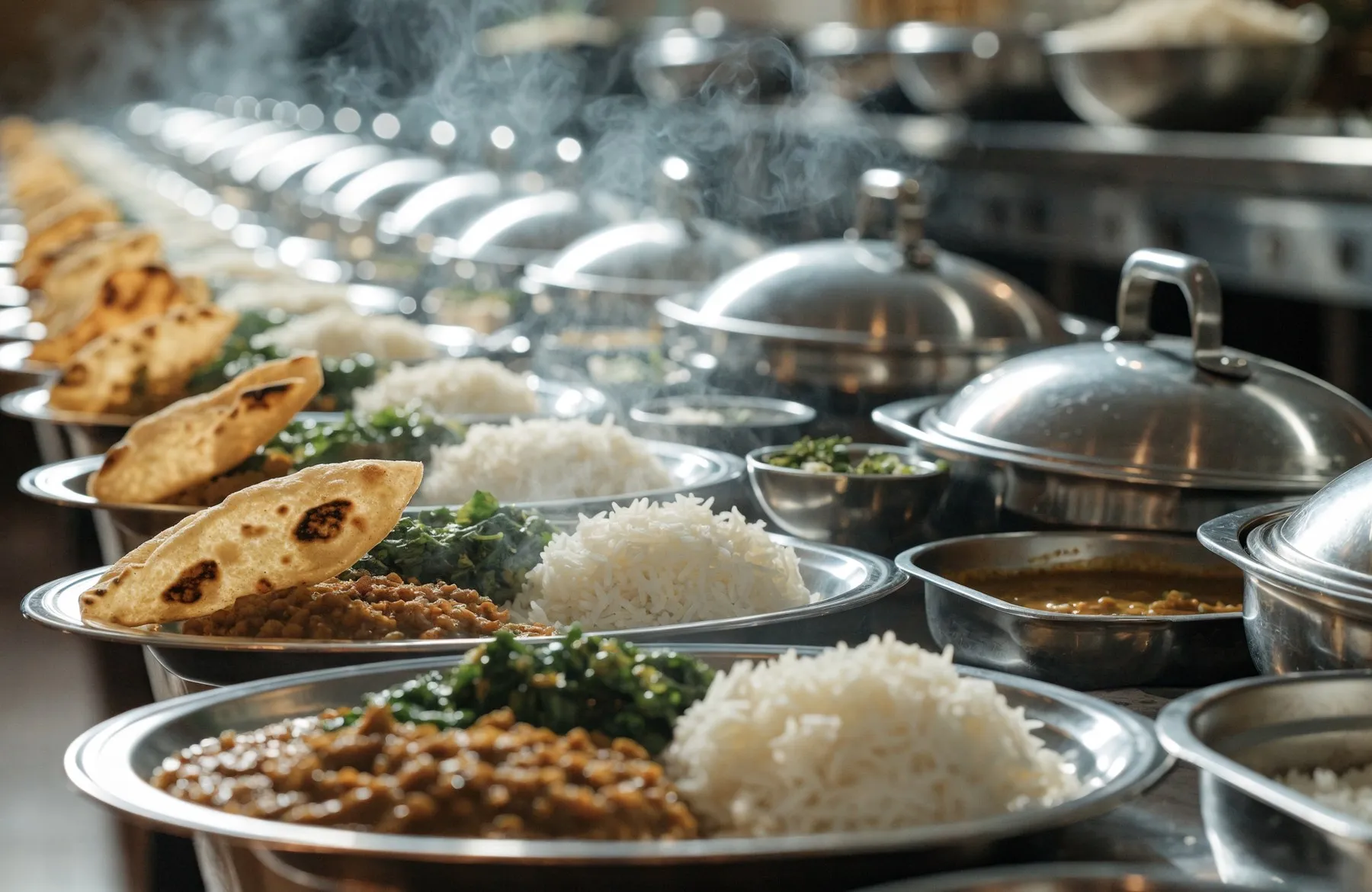 A long row of steel thalis filled with dal, rice, vegetables and fresh rotis, steam rising, with steel serving dishes behind