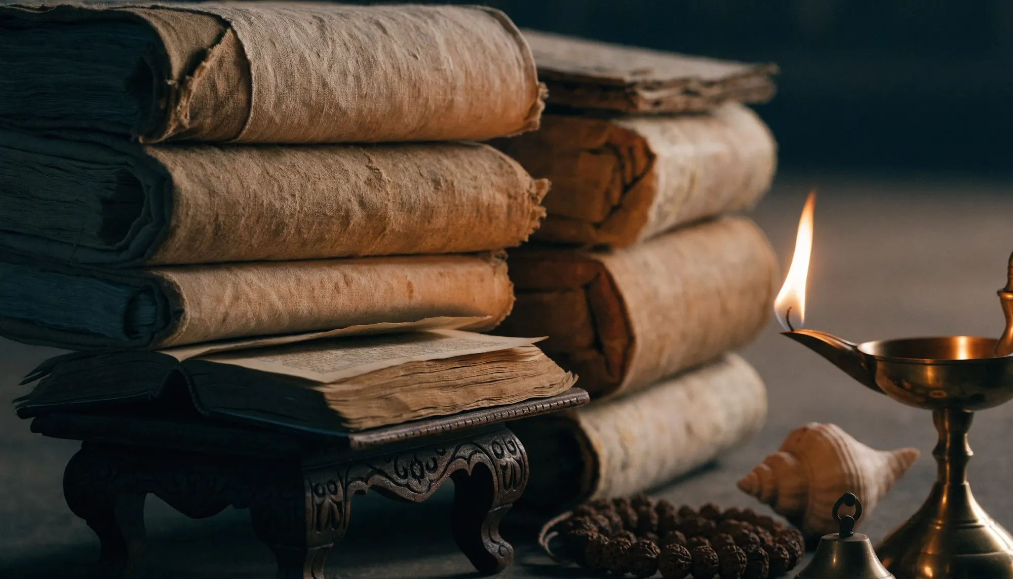 Cloth-wrapped scriptures stacked beside an open volume on a carved stand, with an oil lamp, conch shell and rudraksha mala