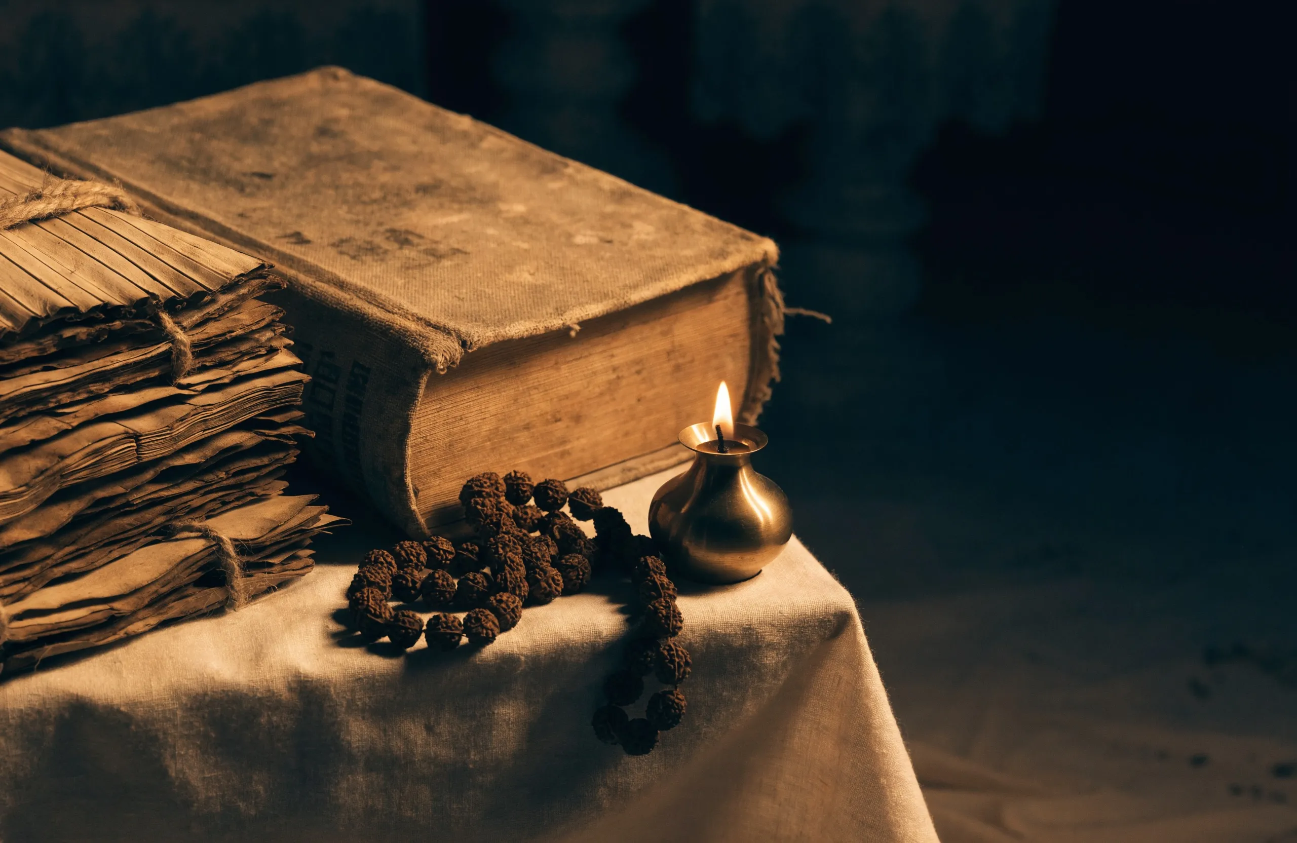 An old palm-leaf manuscript and a cloth-bound book beside a small oil lamp and rudraksha beads