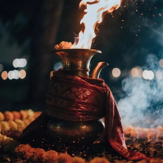 The jyoti burning in a brass vessel dressed in red and gold cloth