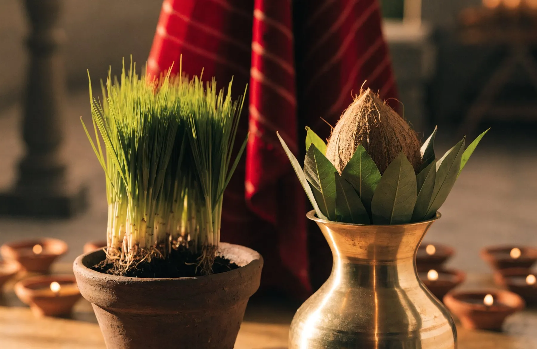 A clay pot of young green barley shoots beside a brass kalash topped with mango leaves and a coconut