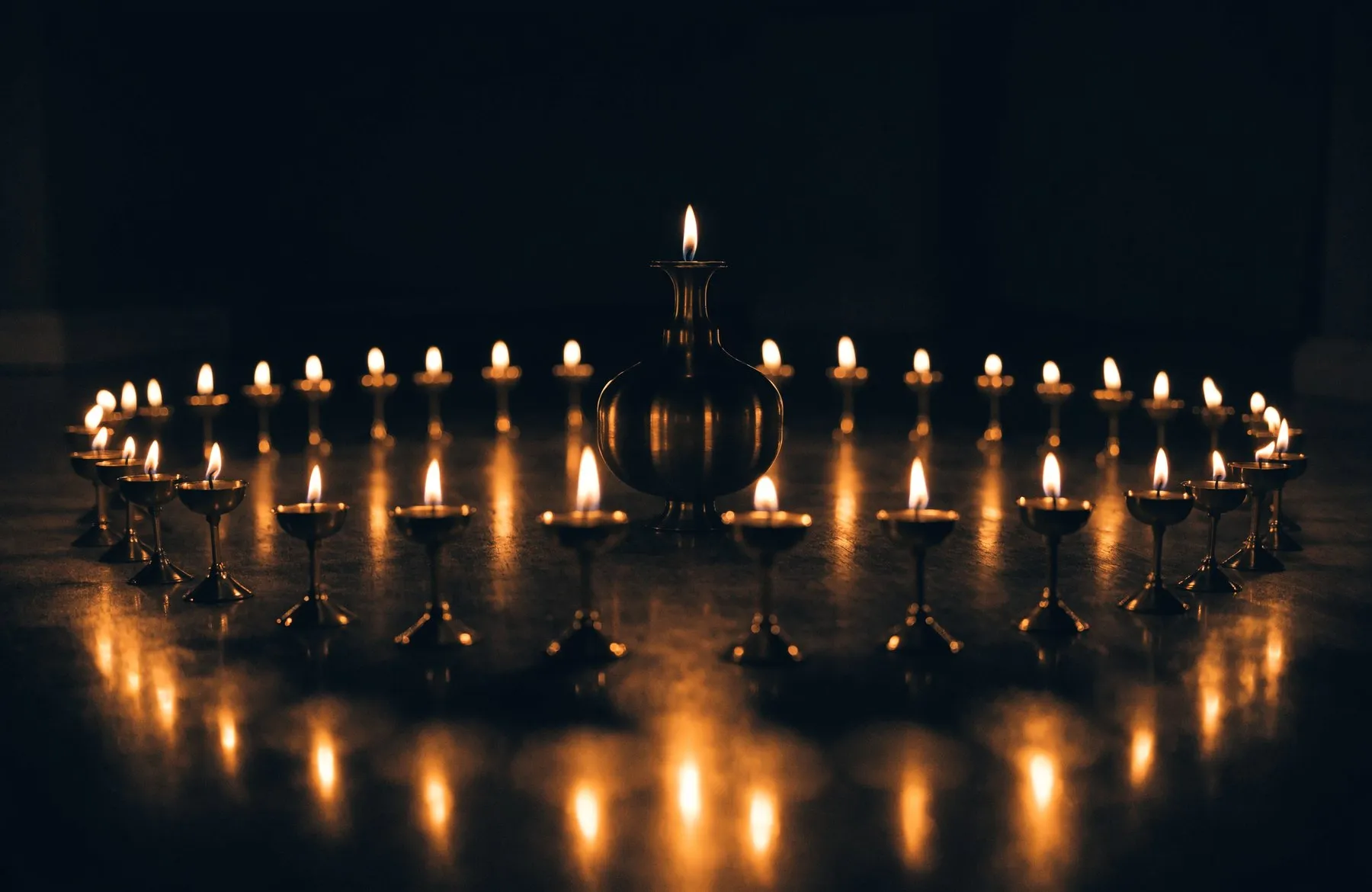 Many small oil lamps arranged in a circle around one larger lamp, every one of them lit