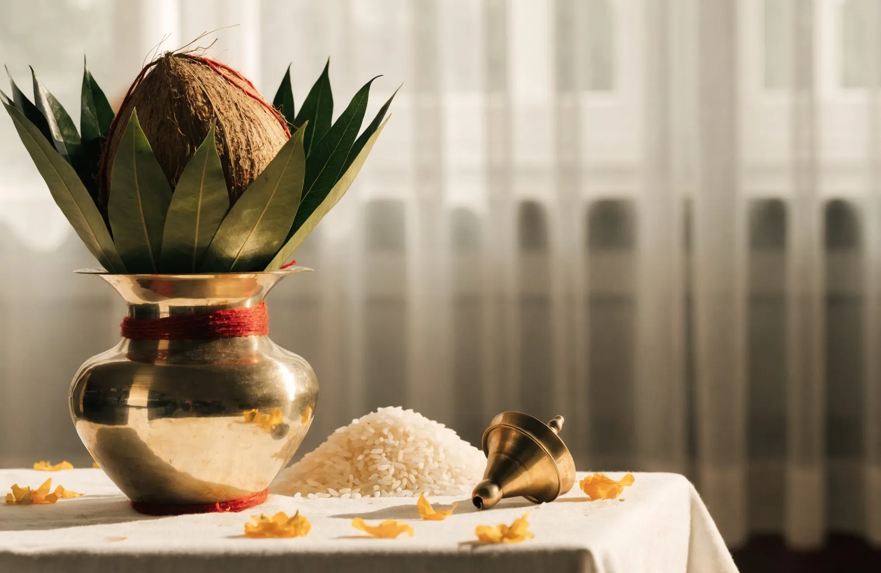 A brass kalash topped with mango leaves and a coconut, bound with red mauli thread, beside rice and a brass bell