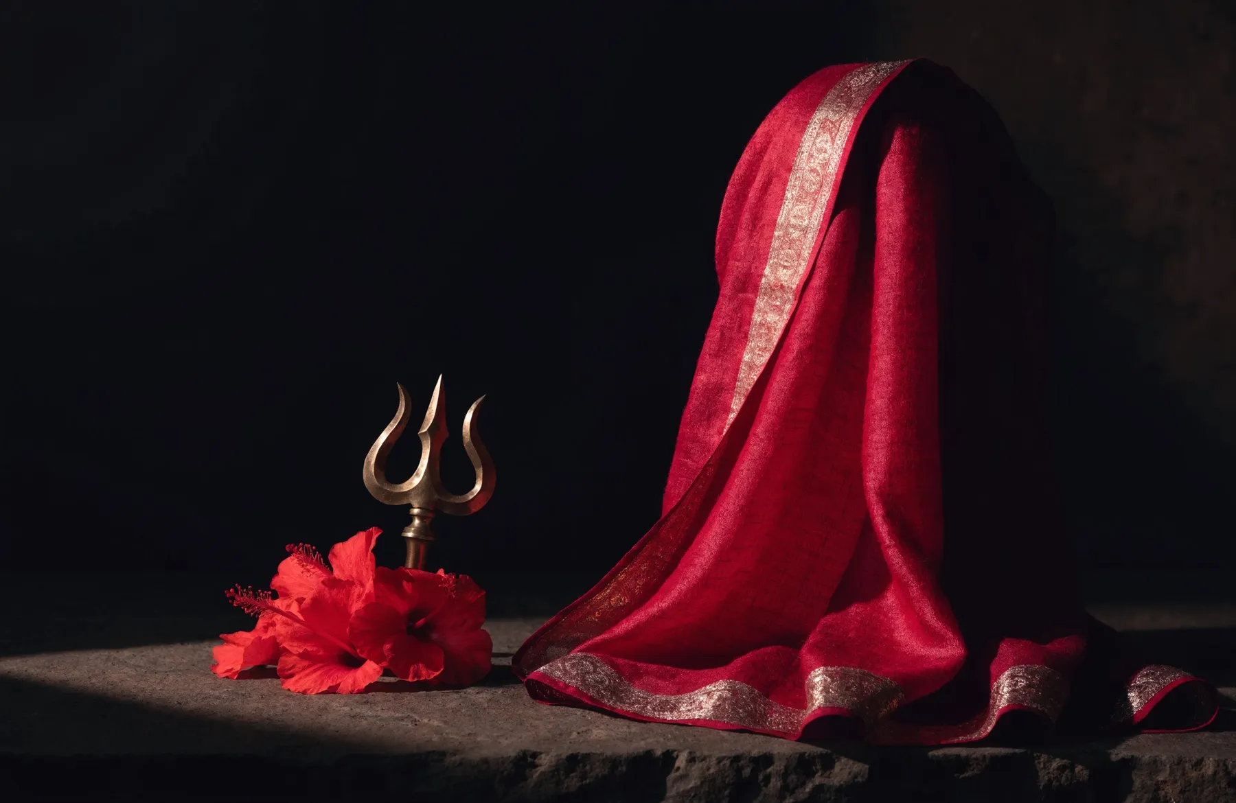 A crimson chunni draped beside a small brass trishul and red hibiscus flowers on dark stone