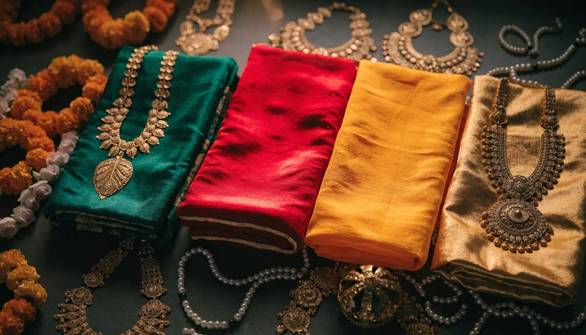 Folded silks in emerald, crimson, saffron and gold laid out with temple jewellery, pearls and marigold garlands, ready for shringar
