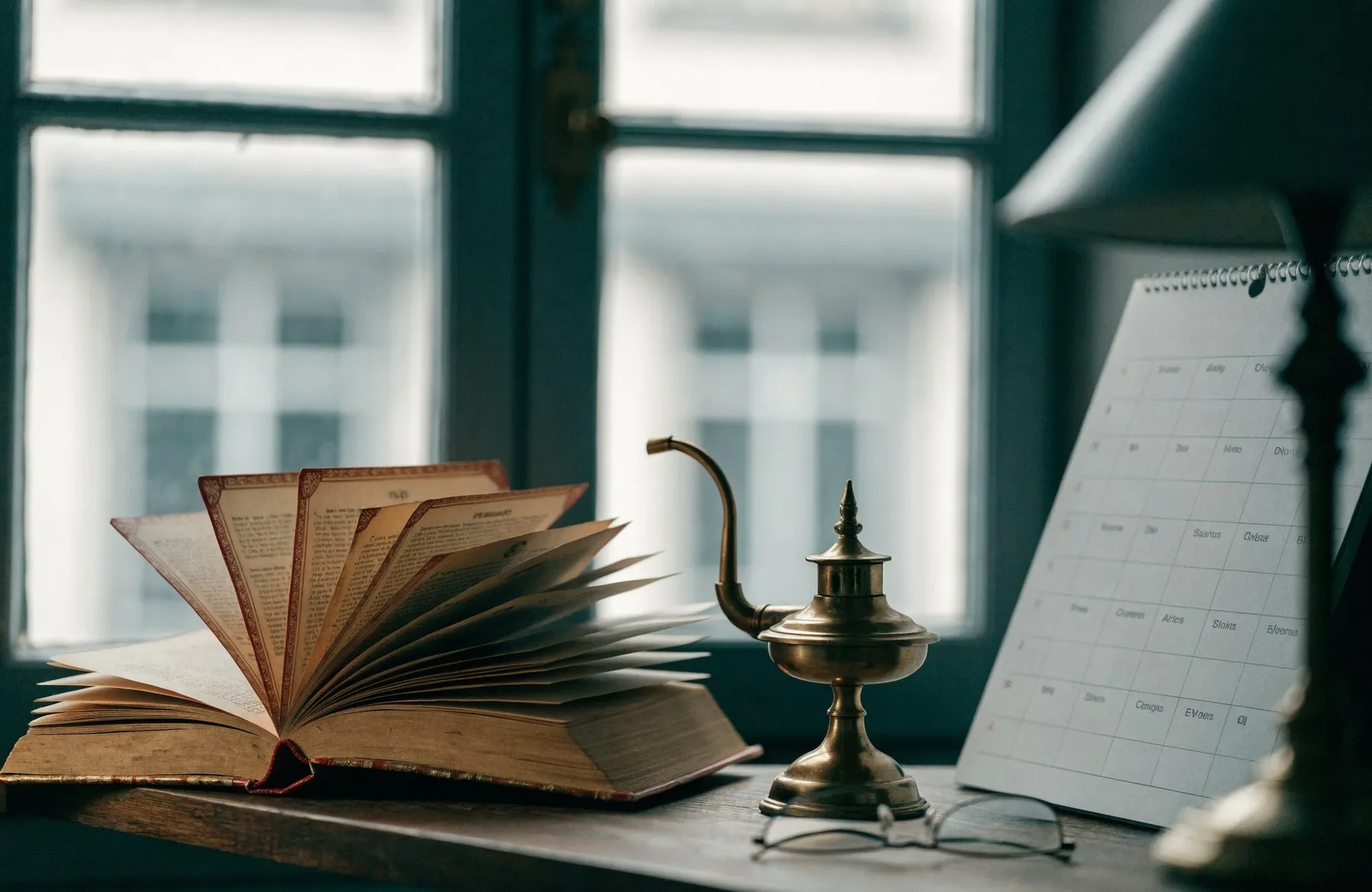 A traditional almanac open on a desk beside a plain modern wall calendar, with an oil lamp and reading glasses