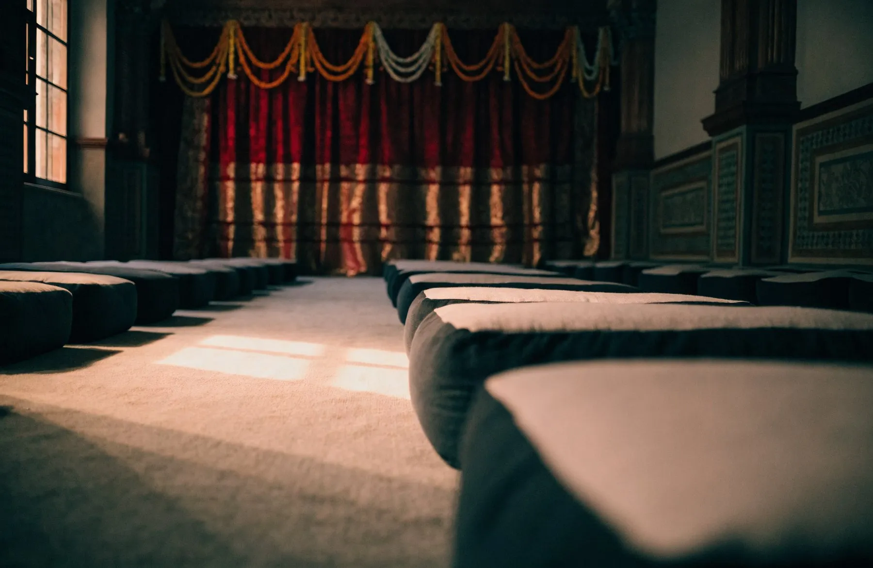 An empty prayer hall with cushions laid out in rows and the shrine curtain drawn closed