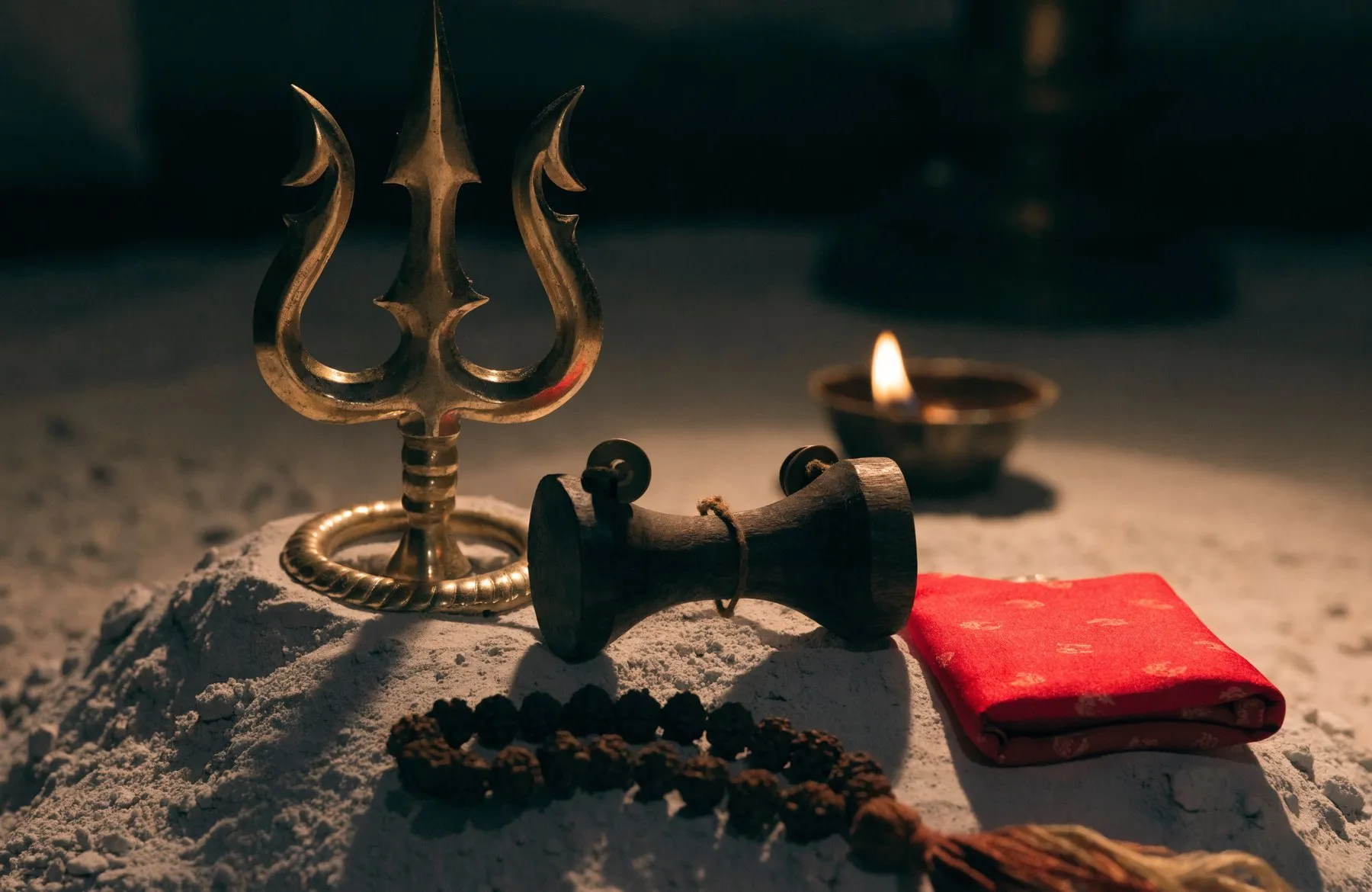 A brass trishul and a damaru drum laid on pale ash with a folded red chunri and a rudraksha mala